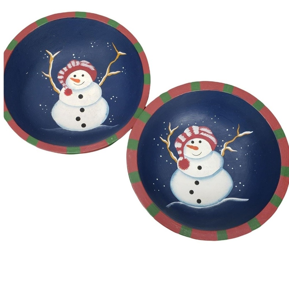 Hand Painted Snowman Wooden Bowls Set of 2 Navy Blue Red Green Holiday Decor